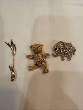 Gold Teddy Bear and Crystal Elephant Brooches with Silver Accent Pin